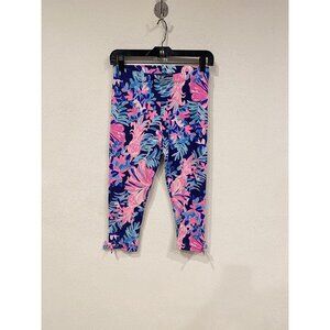 Lilly Pulitzer Leggings Girls XL Blue Pink Floral Crop Capri Stretch Bow Detail